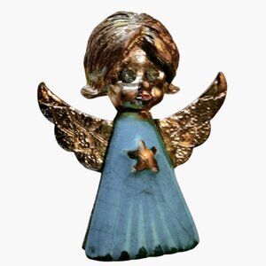 Vintage Angel Brooch Gold Tone Blue Enamel Star Rhinestone Accent Pin